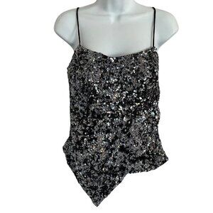 Vtg Y2K Cache Sequin Camisole Cami S Metallic Silk Asymmetrical Spaghetti Straps